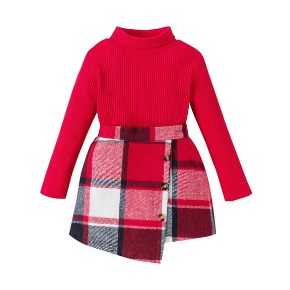 Bagilaanoe 2Pcs Little Girls Fall Clothes Toddler Long Sleeve Turtleneck Knit Tops   Plaid Skirt 4T 5T 6T 7T Kids Casual Skirt Set