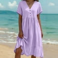 thumbnail image 2 of Women's Cotton Linen Short Sleeve Casual Dress Solid Color Button Down Midi Dress with Ruffle Hem Loose Fit Summer Beach Sundress, 2 of 8