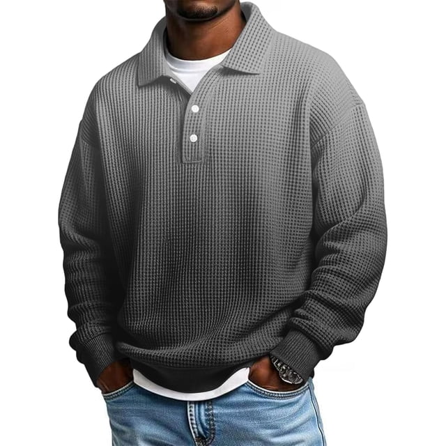 Ceisia Men's Waffle Knit Polo Sweater | Loose Drop-Shoulder Solid & Gradient Print Long Sleeve Pullover Gifts