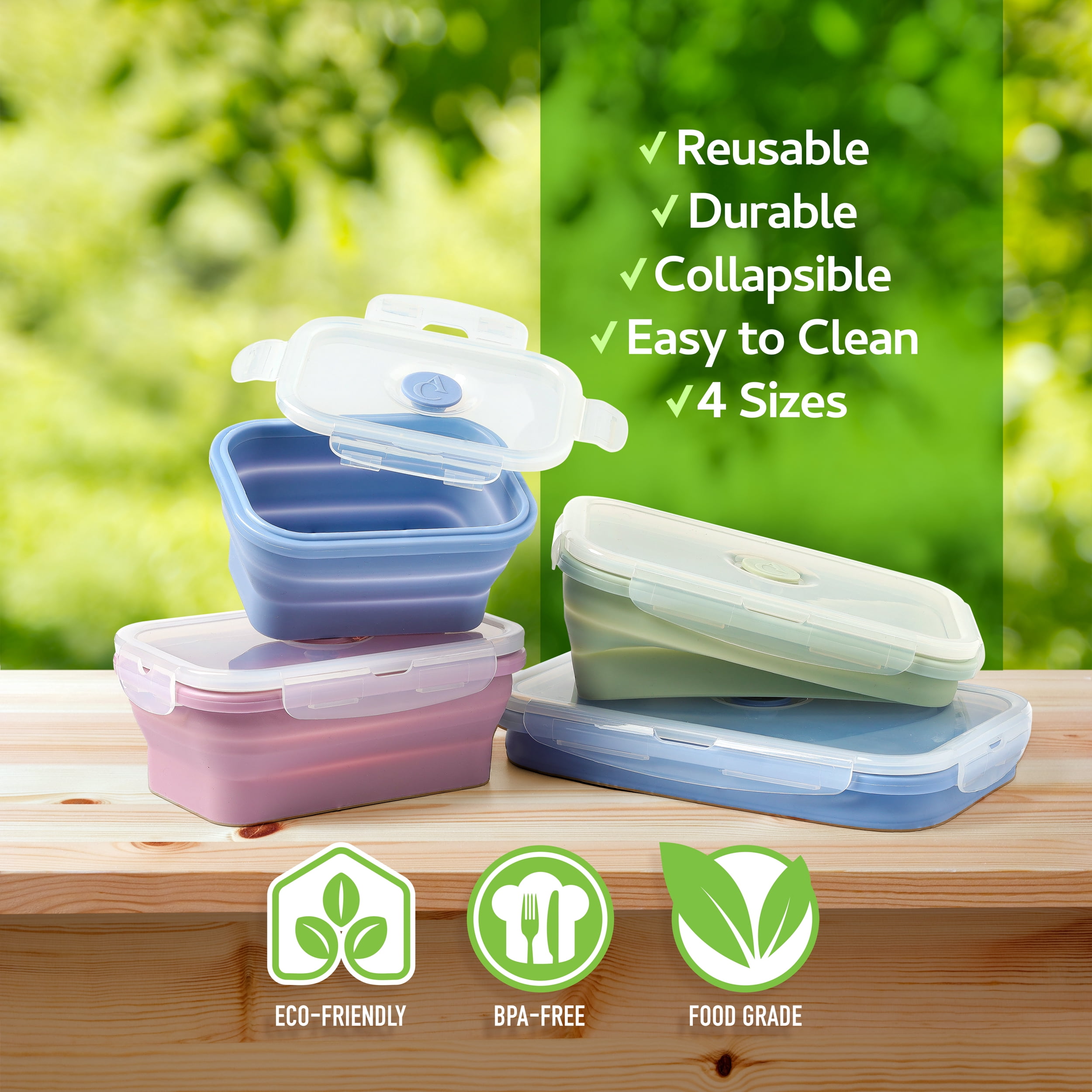 ICHC Collapsible Food Storage Containers - Reusable 4-Piece Set of Airtight Silicone Lunch Boxes