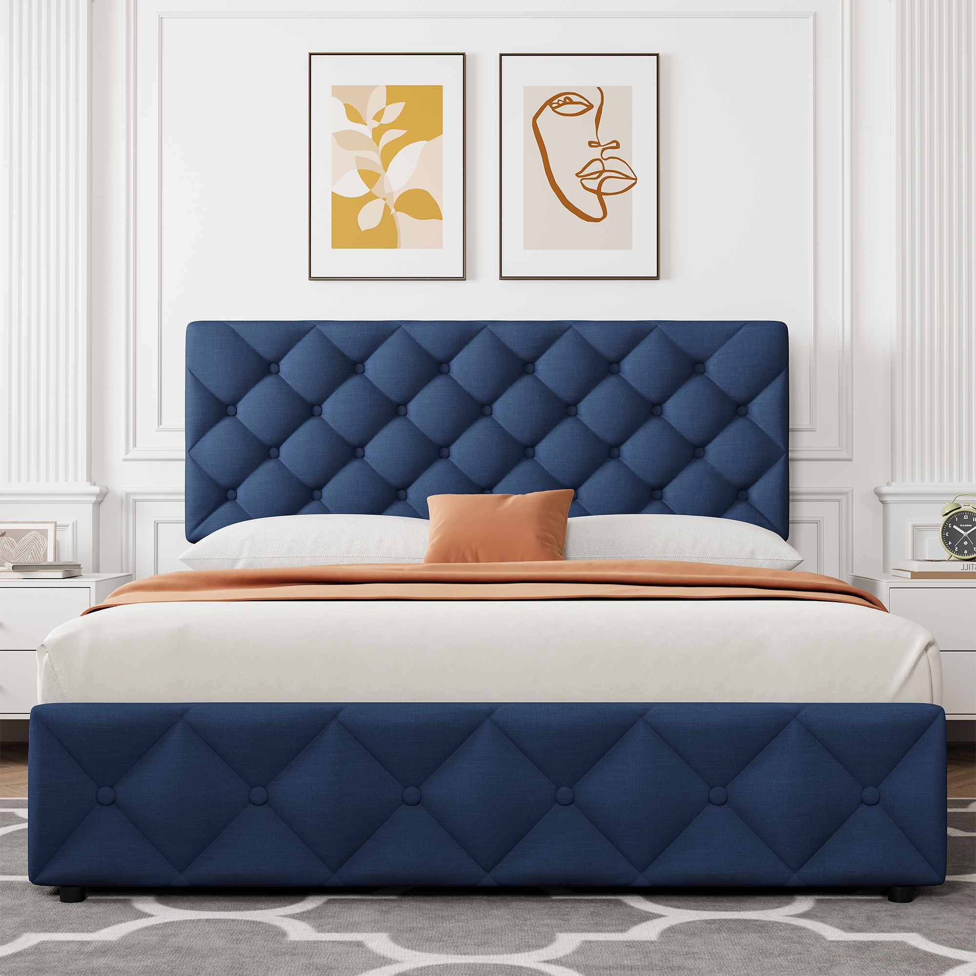 Full/Queen/King Size Bed Frame with 4 Storage Drawers and Headboard, Linen Upholstered Platform Bed Frame, Diamond Stitched Button Tufted, No Box Spring Needed, Easy Assembly