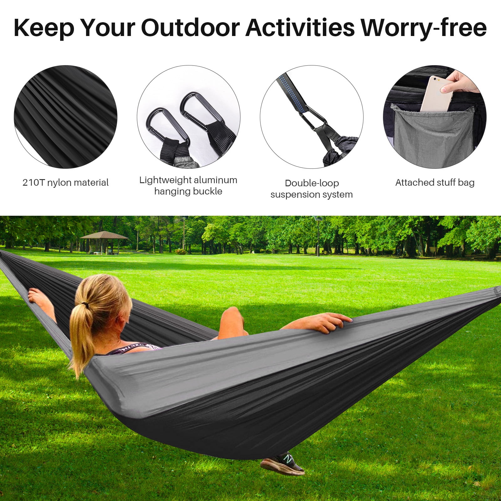 Topchances Camping Hammock, 210T Nylon Lightweight Single Hammock with 2 Tree Straps and Carry Bag, Great for Outdoor, Indoor Beach, Camping, Gray & Black