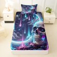 thumbnail image 3 of Castle Fairy Cosmic Gothic Skull Twin Sheets 3pcs,Neon Meteor Swirl Cloud Crescent Scene Bedding,Purple Cyan Black,1 Fitted Sheet,1 Flat Sheet and 1 Pillowcase, 3 of 6