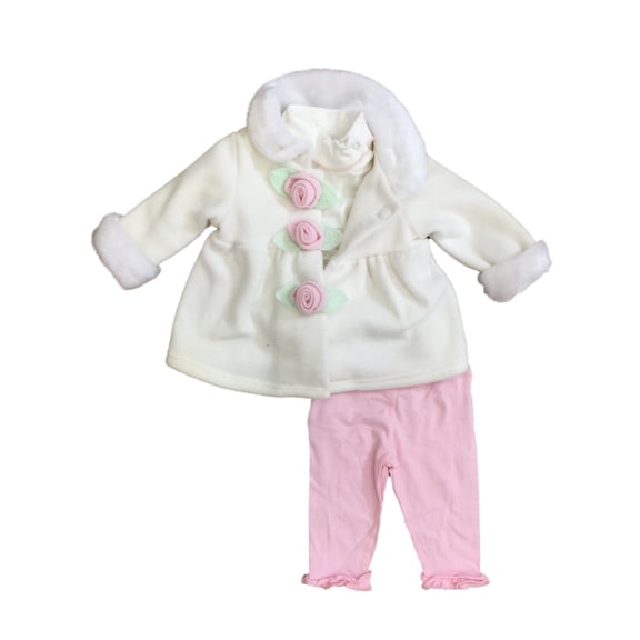 Infant Girls Ivory Fleece Jacket Bodysuit & Pink Leggings 3 pc Baby Outfit 18m