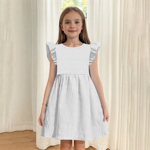 Spazoro Toddler Girls A-Line Dress, Flutter Sleeve Casual Solid Color Round Neck Princess Dresses for Child Girls White Size 9-10T