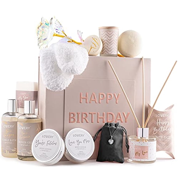Birthday Gift Basket - Bath and Spa Gift Set for Women - Luxury Birthday Spa Gift Box with Vit E- Rich Bath Essentials, Diffuser, Candle, Sterling Silver CZ Heart Necklace, 24k Flower
