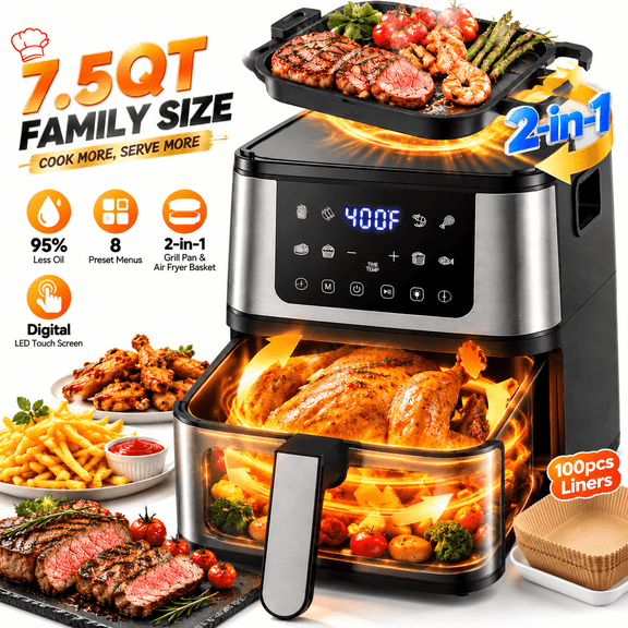 7.5 QT Air Fryer for Crispy Meals & Grilled Favorites, 2-in-1 Top Grillc ombo, 8 Smart Cooking Modes, Viewing Window, Interior Light & 100 Liners