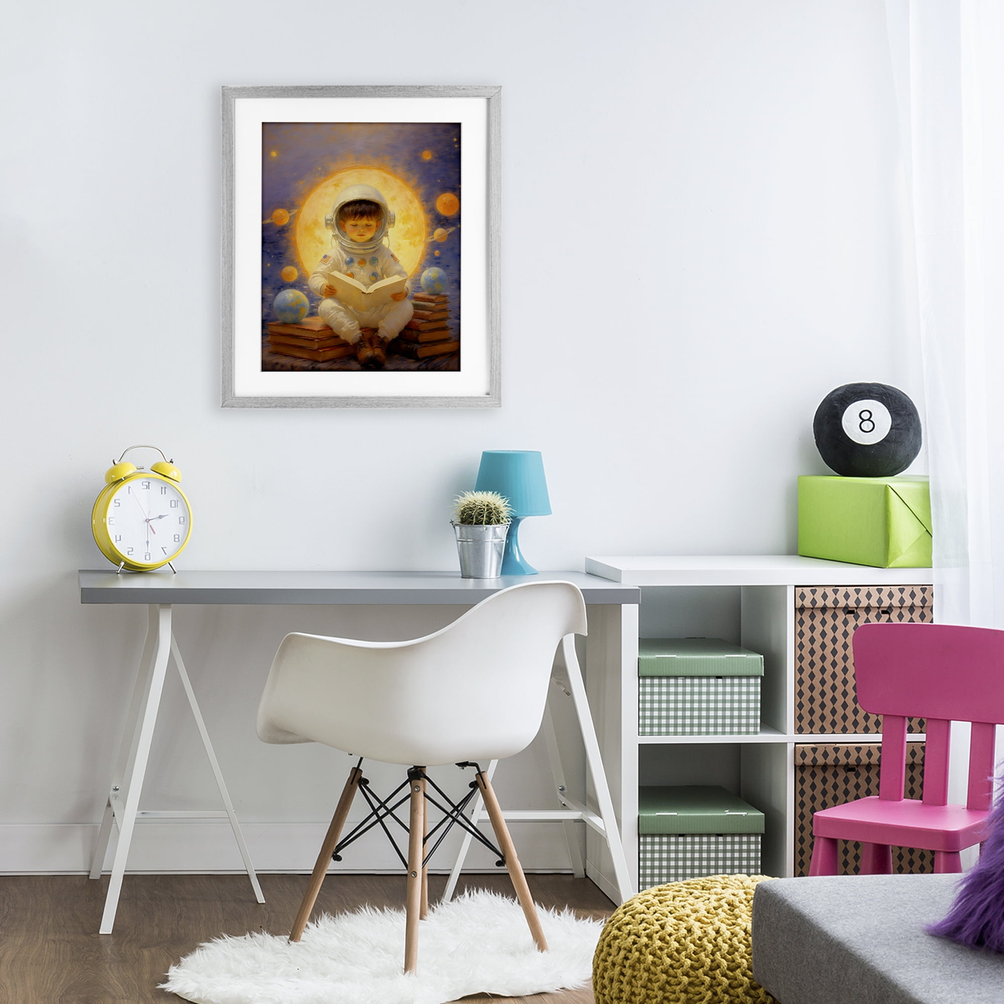 Astronaut Child Learning Gray Framed Print Under Glass, design by Angie Hawke