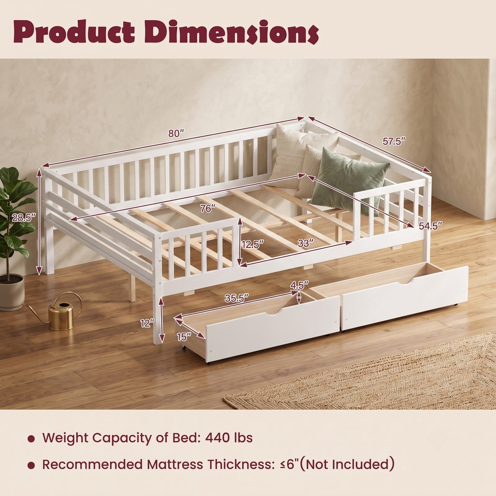 Furnibear Full Size Wood Daybed with Full Fence Rails and 2 Pull-Out Storage Drawers for Kids and Teens Bedroom and Nursery, White