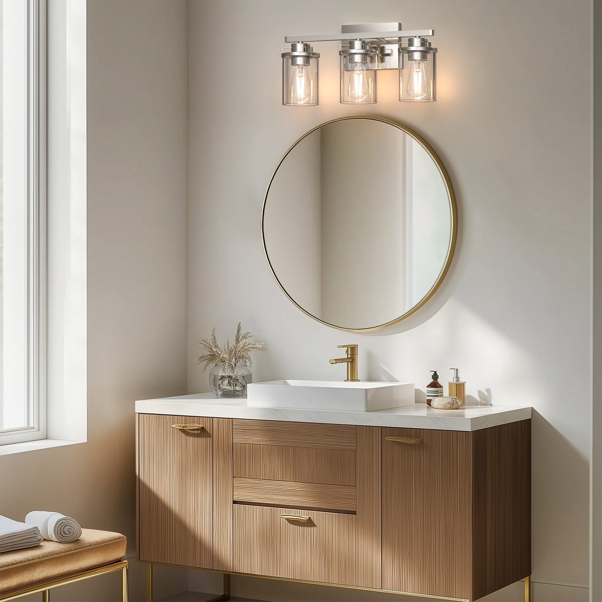 YANSUN 17.8 in 3-Light Industrial Bathroom Vanity Light Fixture with Clear Glass Shades, Brushed Nickel Wall Light for Bathroom Vanity Table, E26 Base