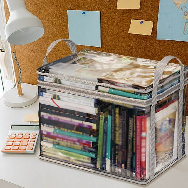 Bolsa de almacenamiento transparente grande para libros, ropa, juguetes - Organizador transparente con cremallera con asa - Cubo de plástico impermeable plegable para uso doméstico, aula y