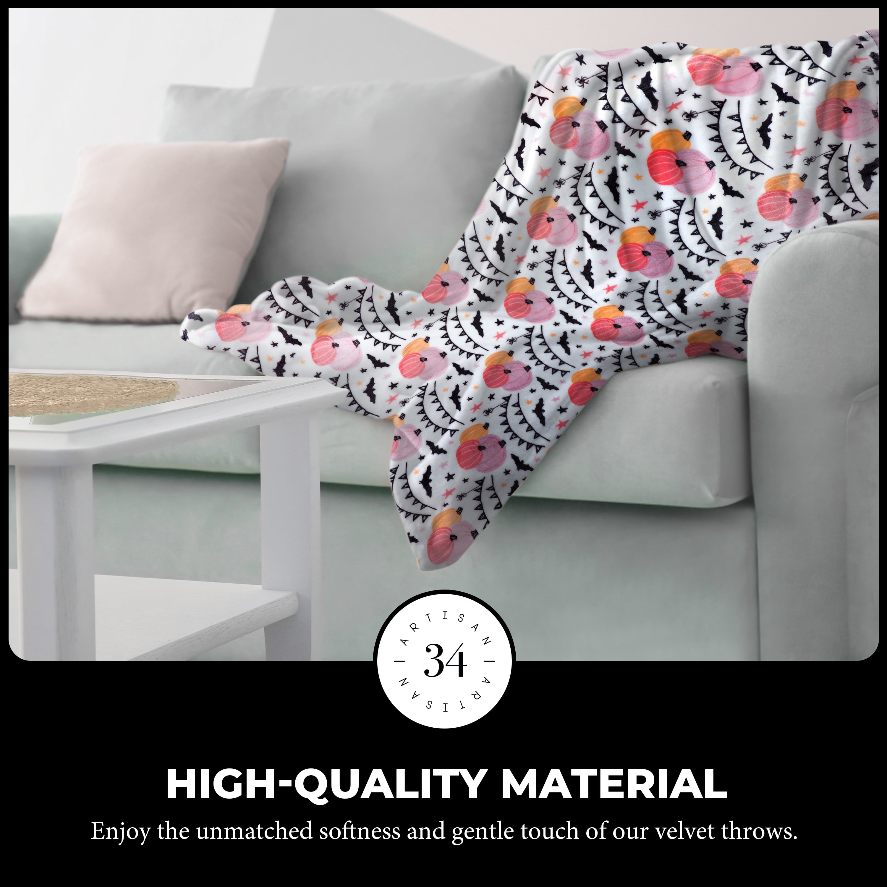 Artisan 34 Halloween and Harvest Oversized Velvet Plush Throw, 50" x 70", Costume Pets