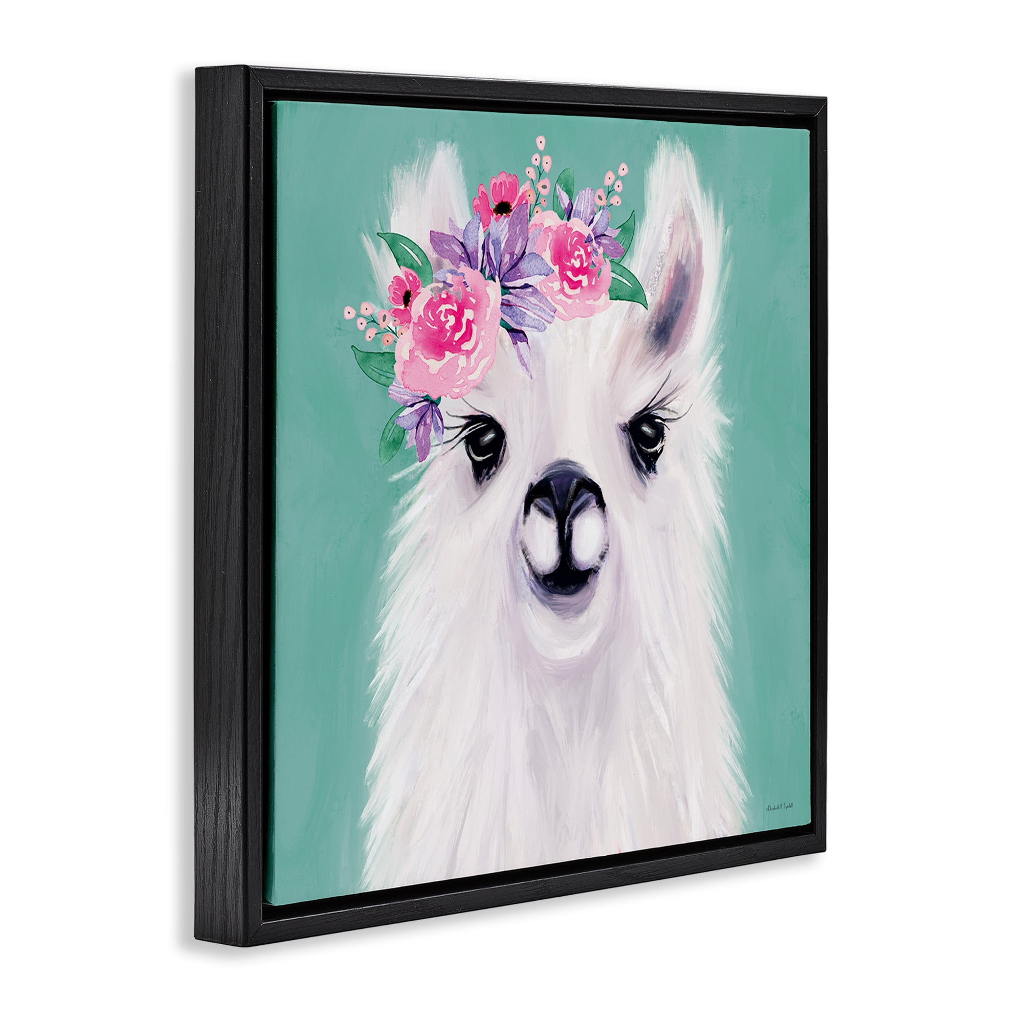 Stupell Industries Fluffy Floral Alpaca Animals & Insects Painting Black Floater Framed Canvas Art Print Wall Art, 18 x 18