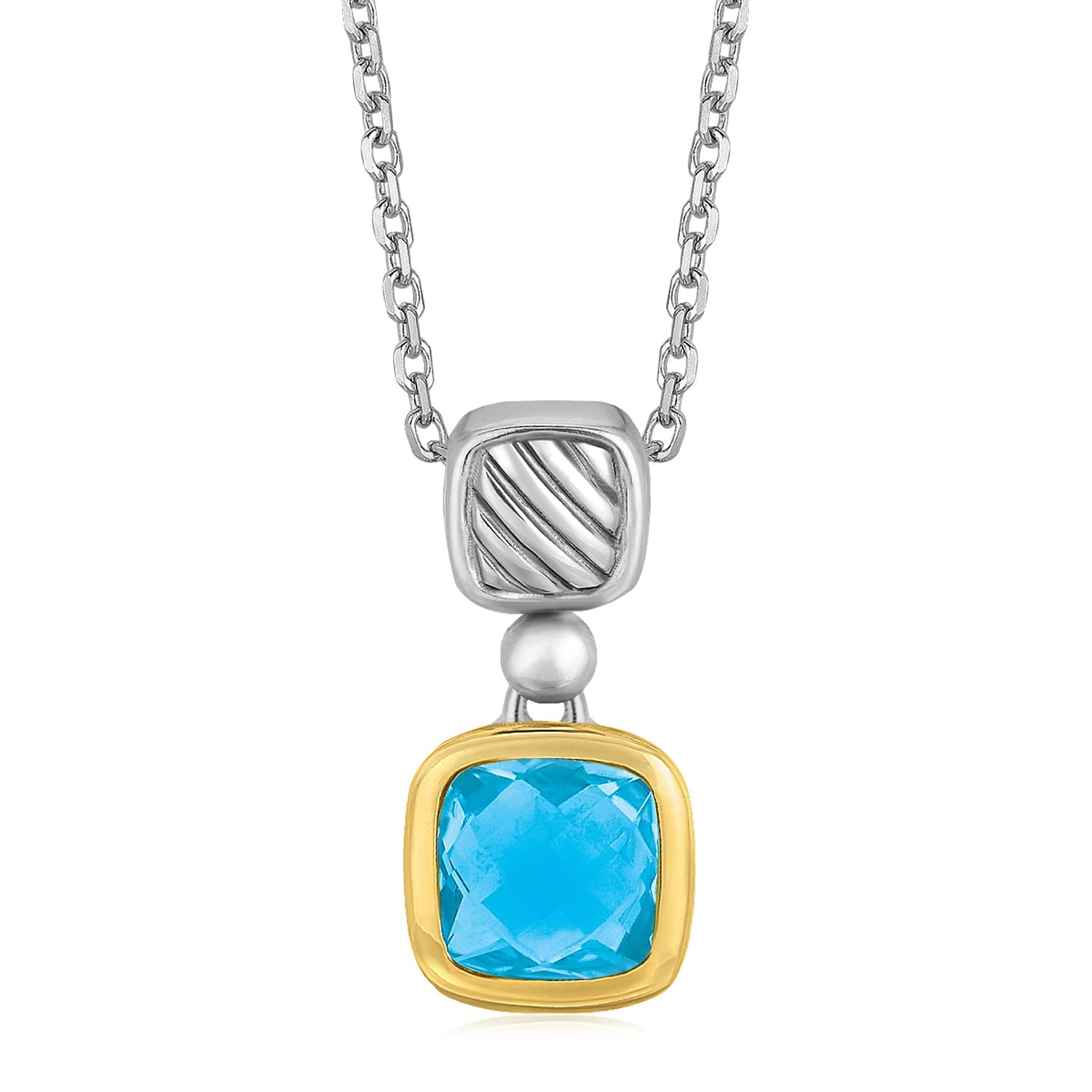 18K Yellow Gold and Sterling Silver Necklace with Cushion Blue Topaz Pendant with 18" Chain (0.88 in x 0.44 in) by Mia Diamonds