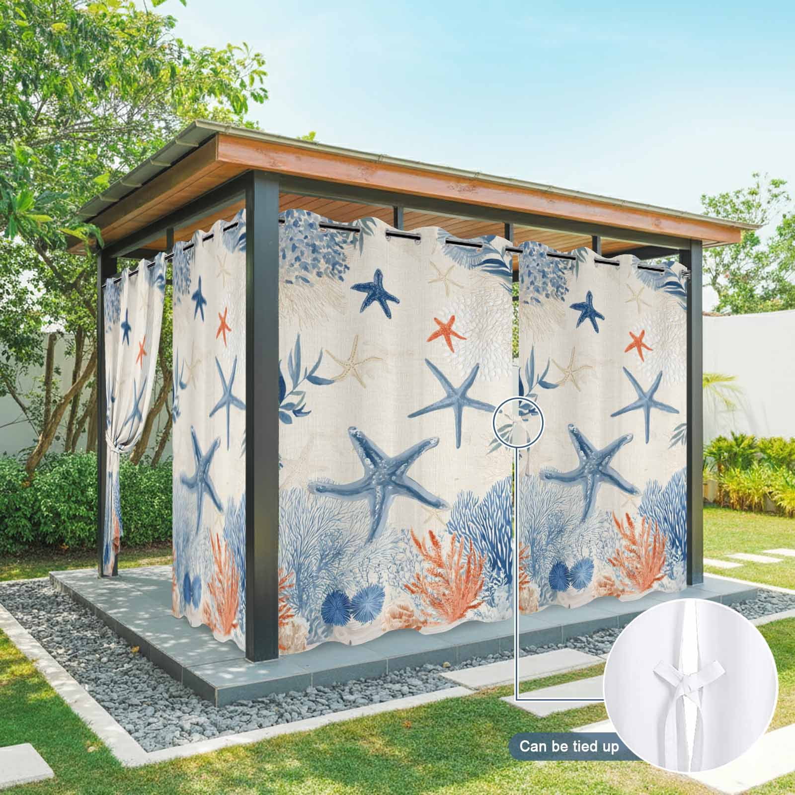 Summer Ocean Outdoor Curtains for Patio, Vintage Nautical Sea Orange Blue Starfish Corals Seashell Sunshade Privacy Drapes Grommet Waterproof Outside Curtains for Porch Balcony 54"x108", 1 Panel