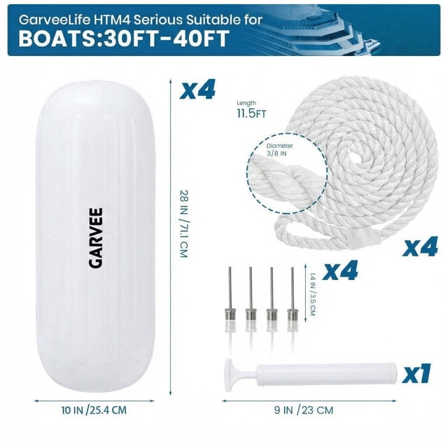 Kojooin Inflatable Boat Fenders 4-Pack, Ribbed Centre Design Boat Bumpers with Ropes and Pump for Pontoon or Sailboat