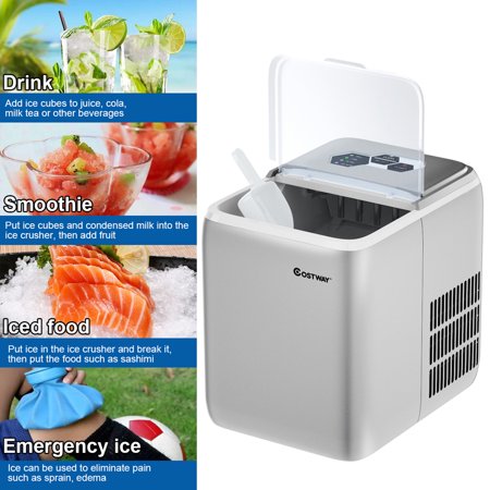 Costway - Portable Countertop Ice Maker Machine 44Lbs/24H Self-Clean w/Scoop - Silver