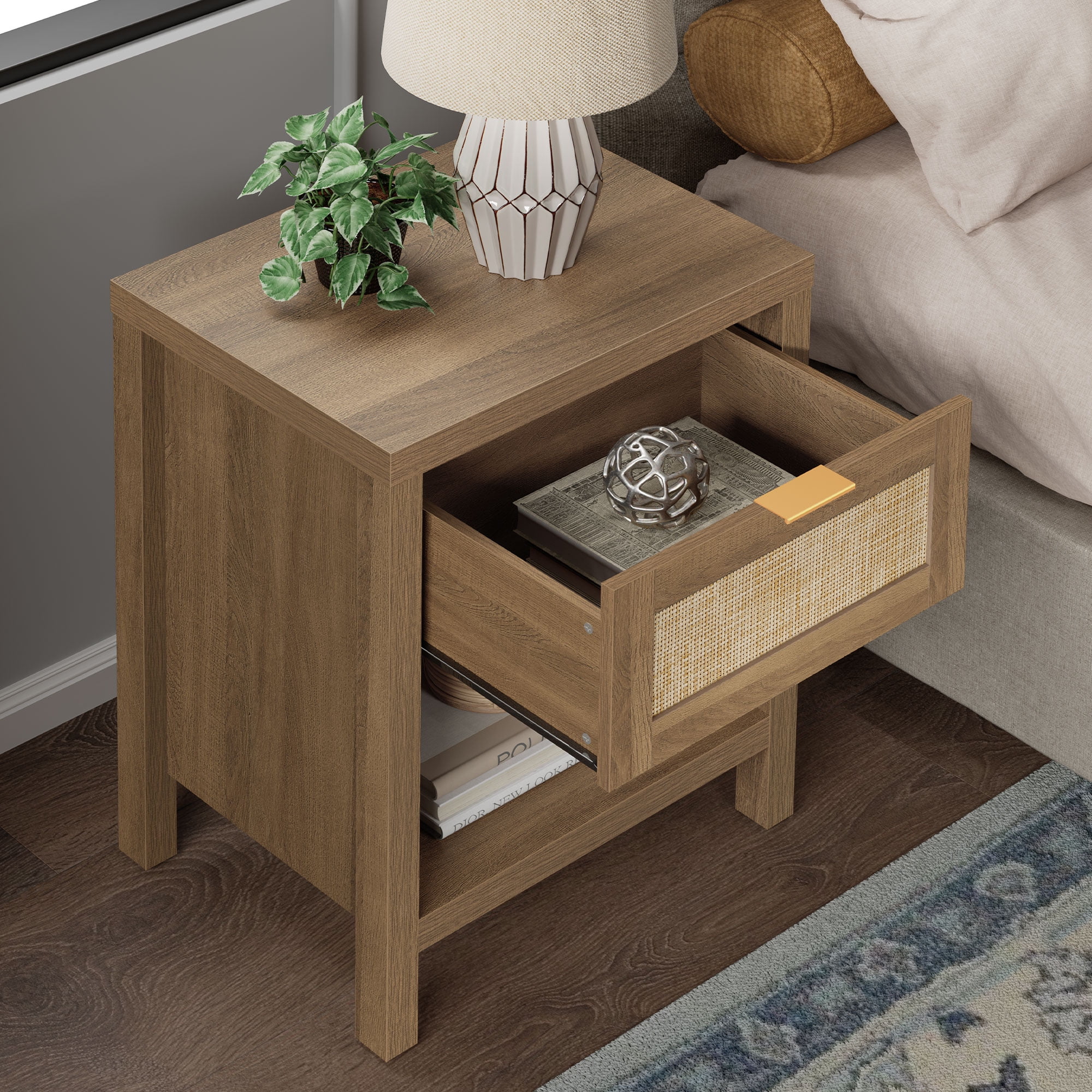 SICOTAS Rattan Nightstands Set of 2 with Drawer and Storage, Bedside Tables