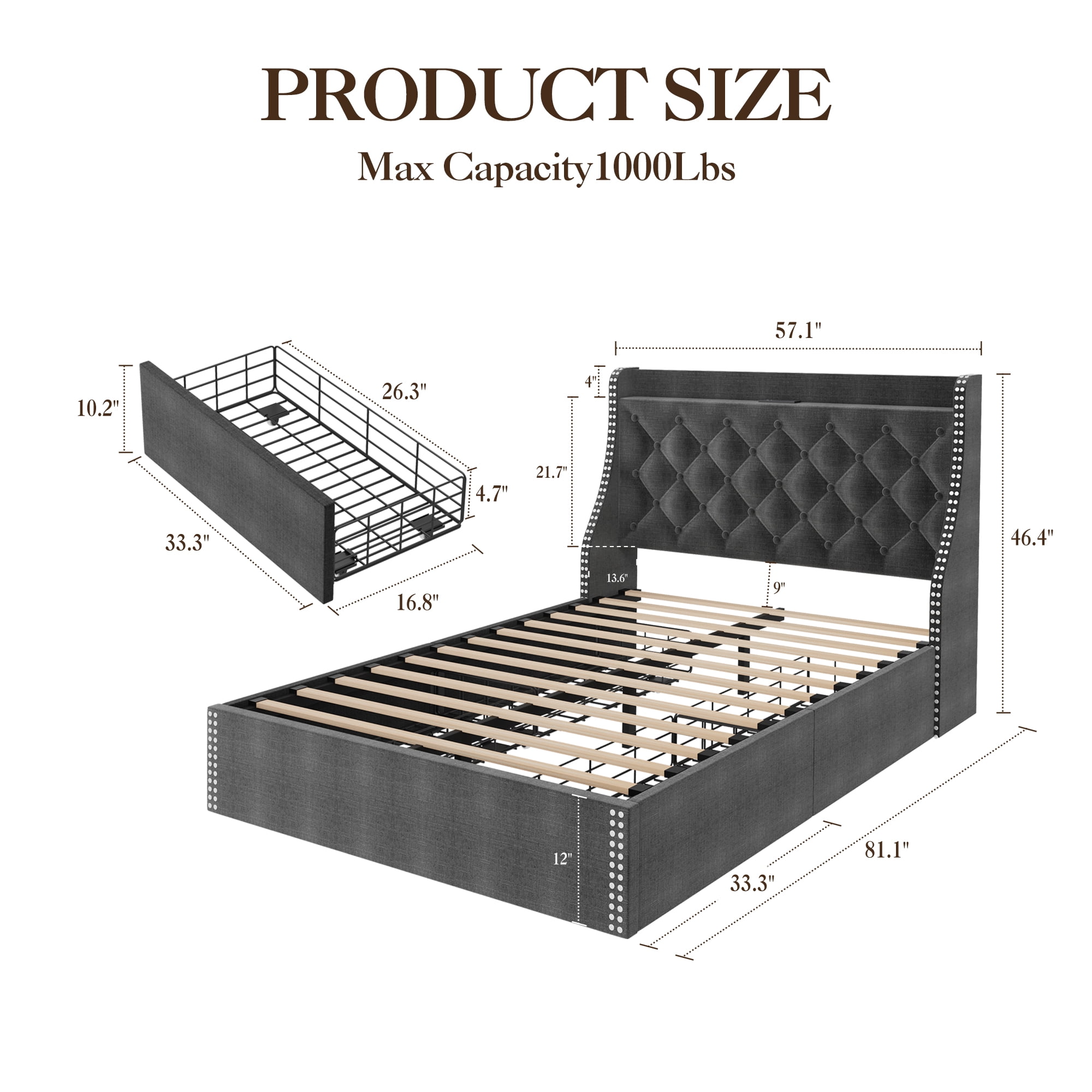 JoanKaren Full Bed Frame,Luxury Upholstered Platform Beds with Charging Station,4 Storage Drawers&Adjustable Headboard,Easy Assembly,Gray