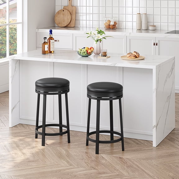 24-Inch Counter Height Swivel Bar Stools (Set of 2) with Footrest, Modern Round Stools Upholstered in PU Leather with Metal Frame, Backless Design for Kitchen Island, Black/Brown