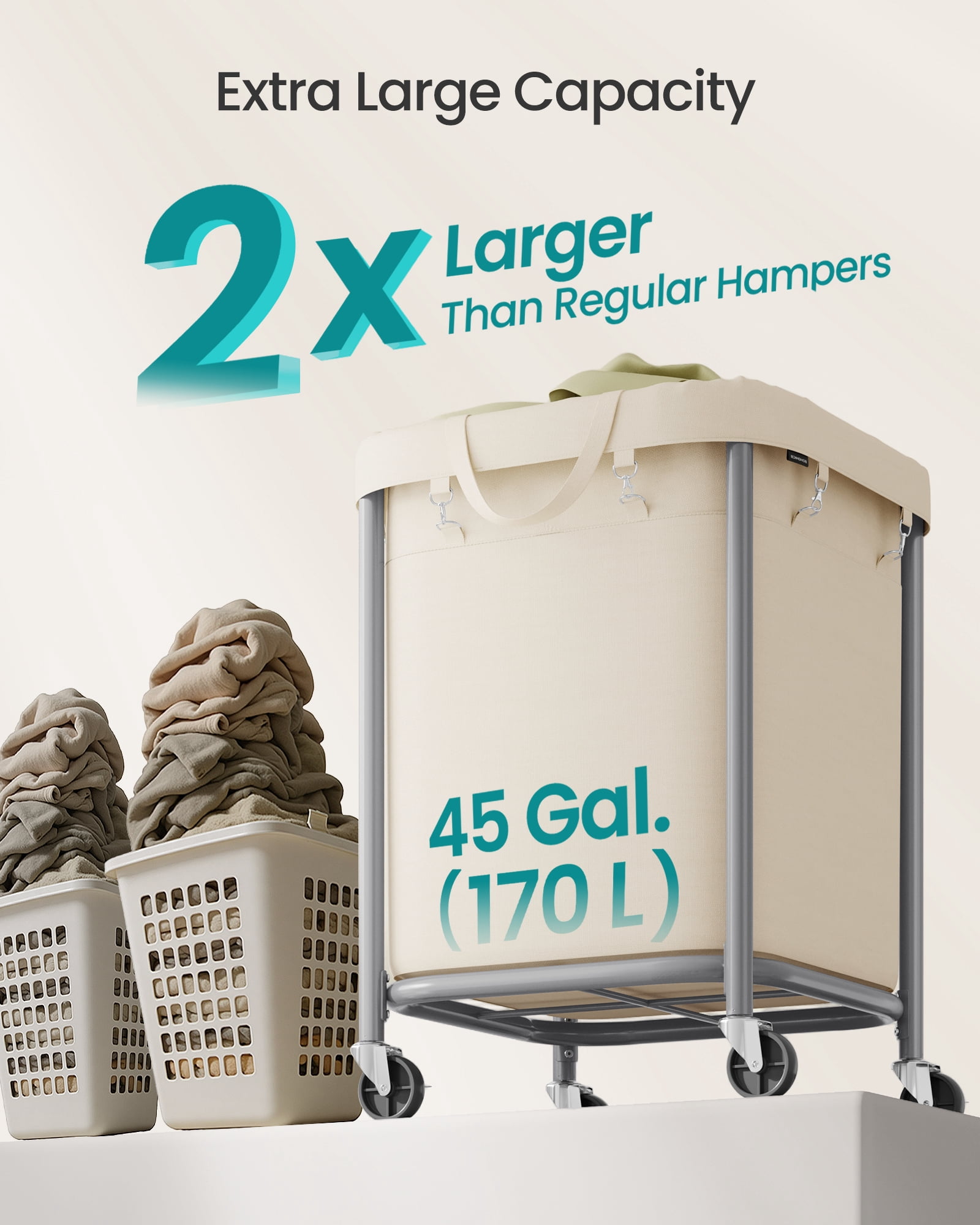 SONGMICS 45-Gallon (170 L) Laundry Basket with Wheels,with Steel Frame and Removable Bag, 2 Locking Wheels, Cream White and Metallic Silver