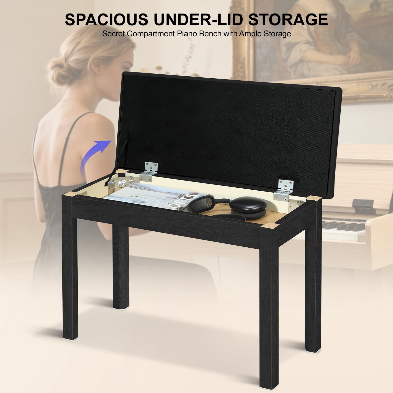Duet Piano Bench With Storage - Wooden Solid Wood  Tufted Padded Keyboard Stool & Chair Seat Vanity Double (black)