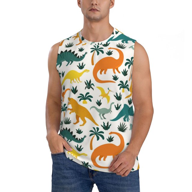 Fotbe Dinosaurs and Tropical Leaves Men's Camiseta sin Mangas Estampada para Hombres, Playera Casual para Gimnasio, Entrenamiento, Playa-X-Large