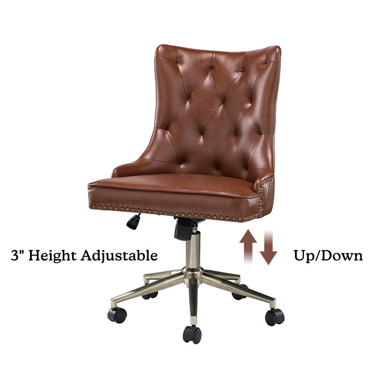 HULALA HOME Leo Modern Leather Tufted Task Chair Nailhead Trim with Golden Base by BROWN