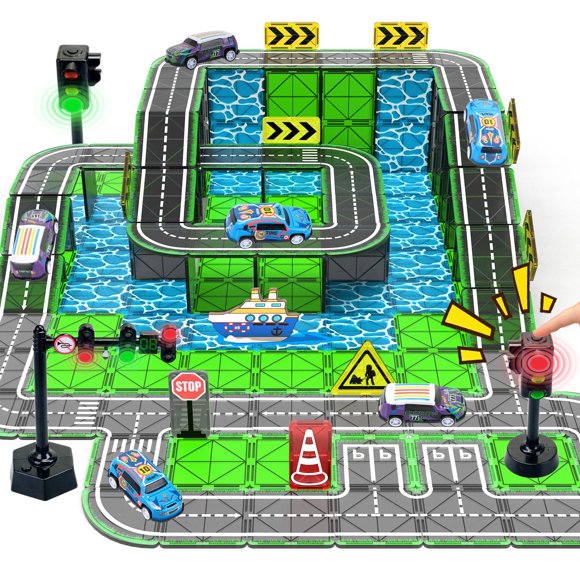 Set SKTMYY de Magnetic Tiles Road con coche retráctil y barco magnético