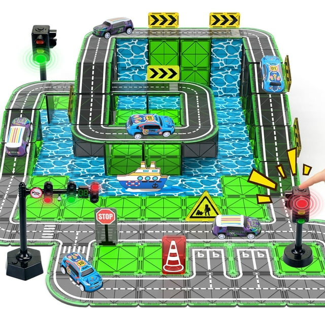 Set SKTMYY de Magnetic Tiles Road con coche retráctil y barco magnético