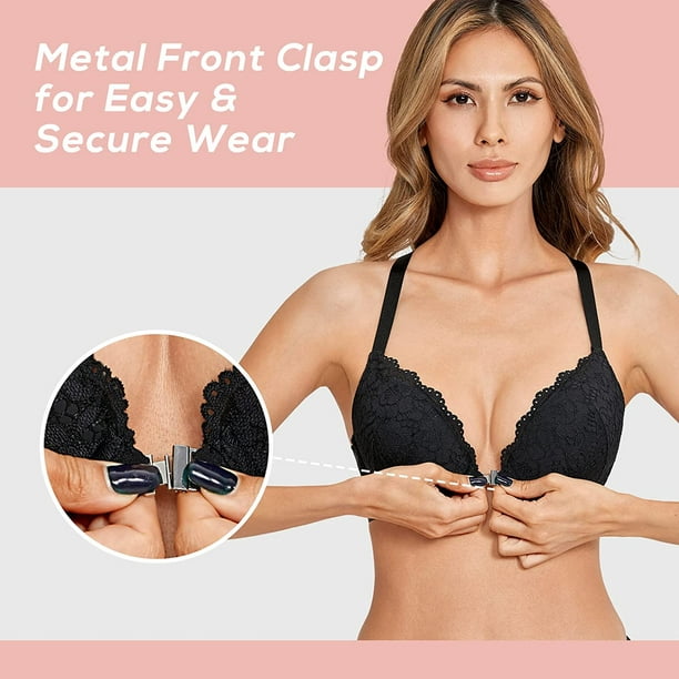 Women's Push Up Bra Front Closure Bras Lace Padded Underwire Plunge Floral  