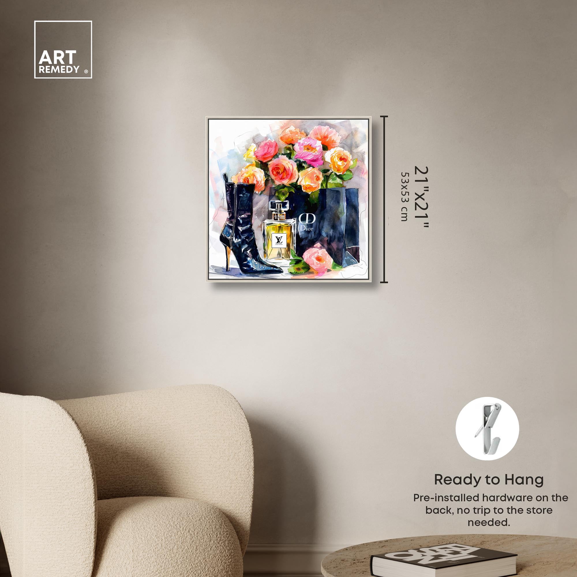 Boot with Perfume and Shopping Bag Canvas Fashion Art Prints by Art Remedy, Silver Frame, 20" x 20"