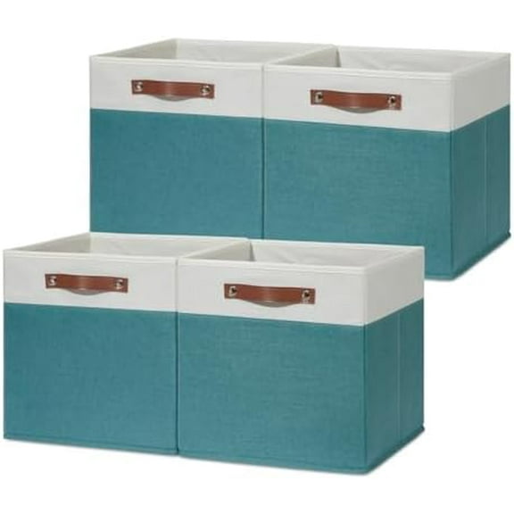 Fabric Storage Bins for Shelves 13x13 Storage Cubes Set Of 4 Foldable Storage Baskets with Handles for Organizing Cloth Closet Toy Nursery(Teal&White)