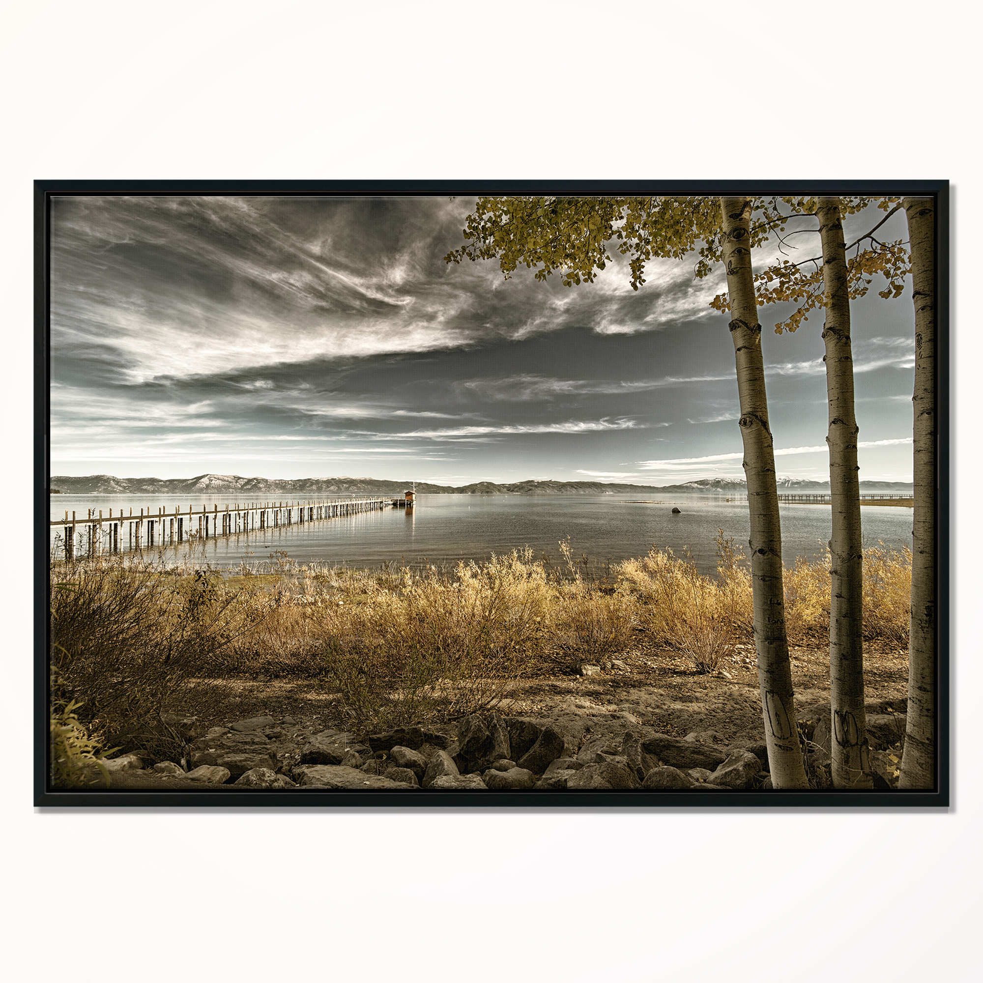 Designart ' Pier in Brown Lake ' Landscape Photo Framed Canvas Art Print