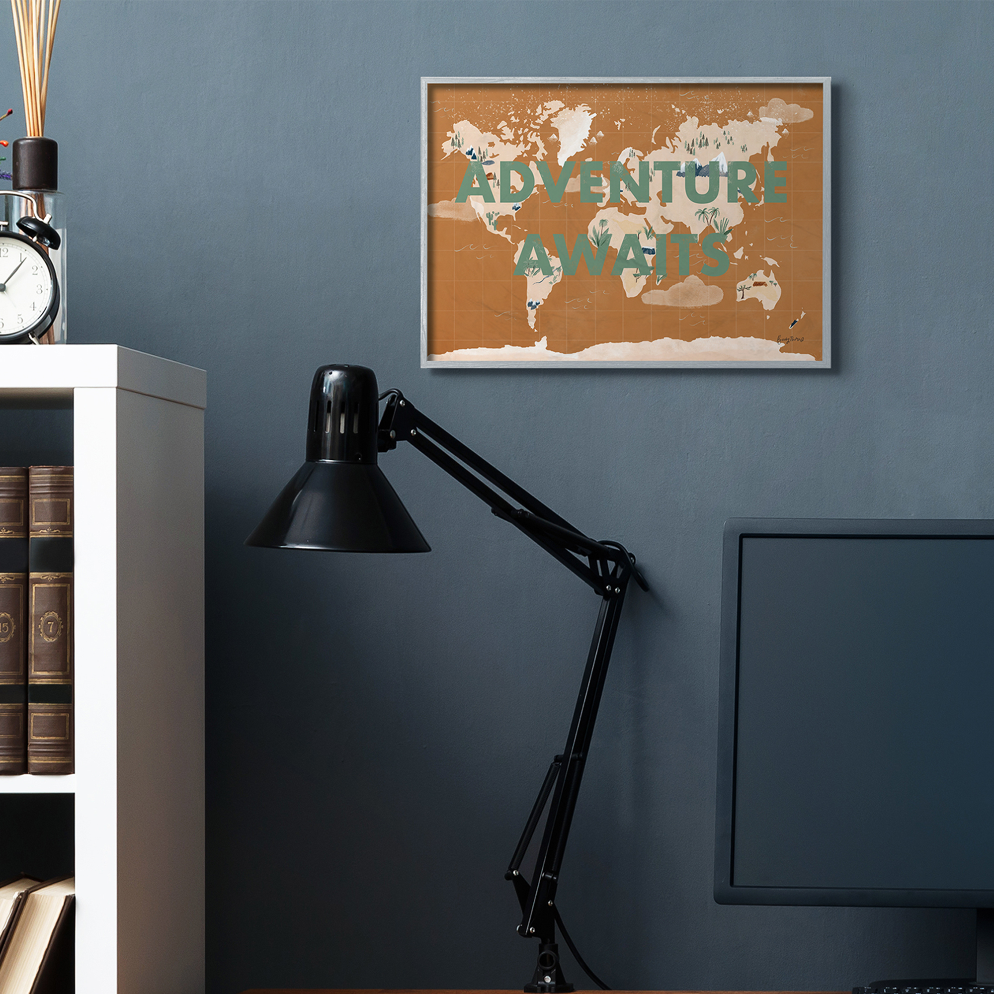 Stupell Industries Tropical World Map Adventure Awaits Sentiments Gray Framed by Becky Thorns