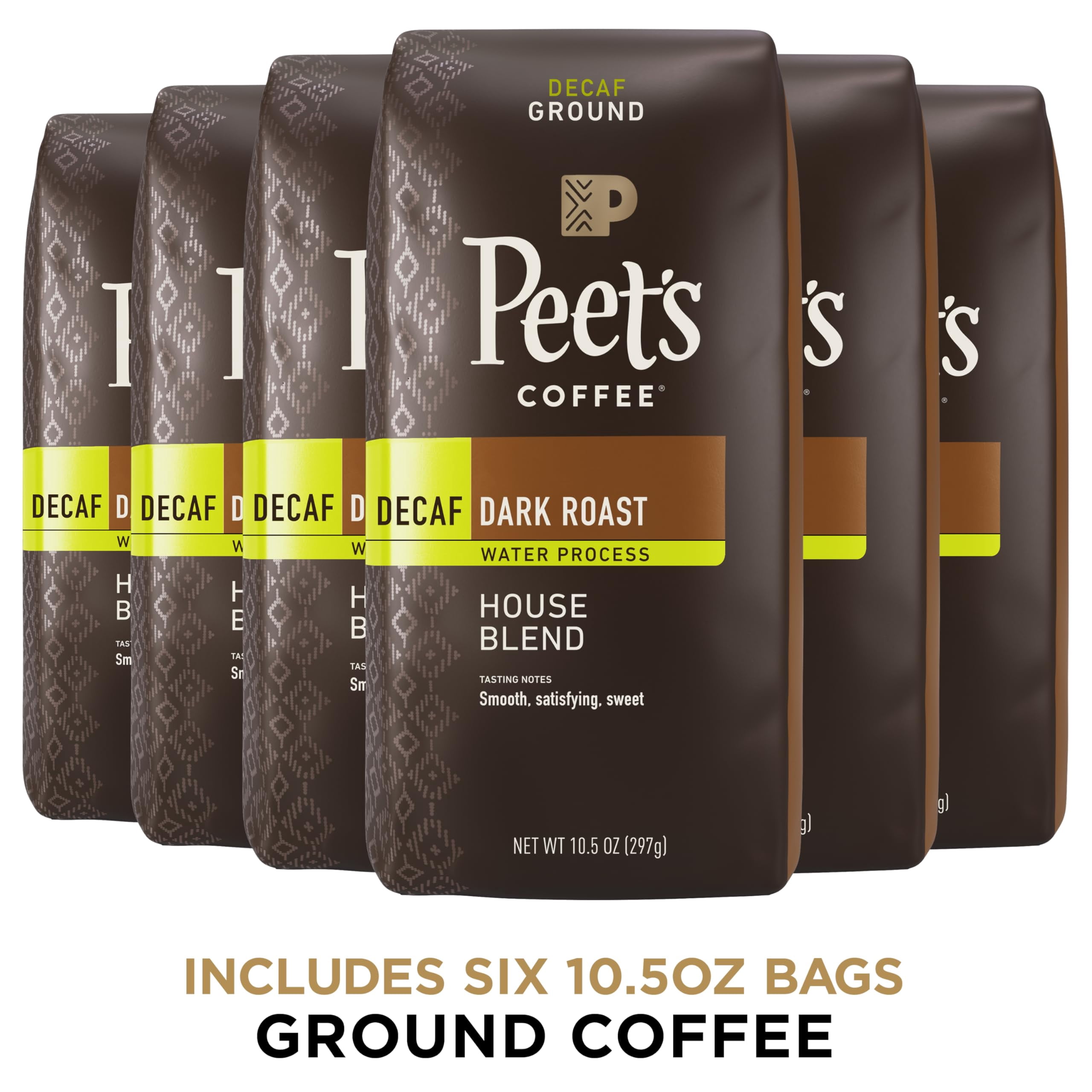 Indulge in the Rich Flavor of Peet's Coffee Dark Roast Decaffeinated Ground Coffee - Decaf House Blend - 63 Ounces (Six Bags of 10.5 Ounce): A Delectable Cup of Bold Decaf Bliss!.
