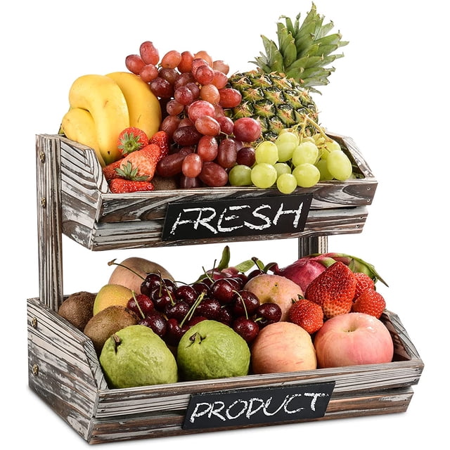 Cesta De Frutas De Madera Rústica De 2 Niveles con Pizarras, Cocina Decorativa De Granja Ahueca hacia Fuera El Organizador De Almacenamiento De Tazones De Frutas para Verduras, Frutas, Alimentos,