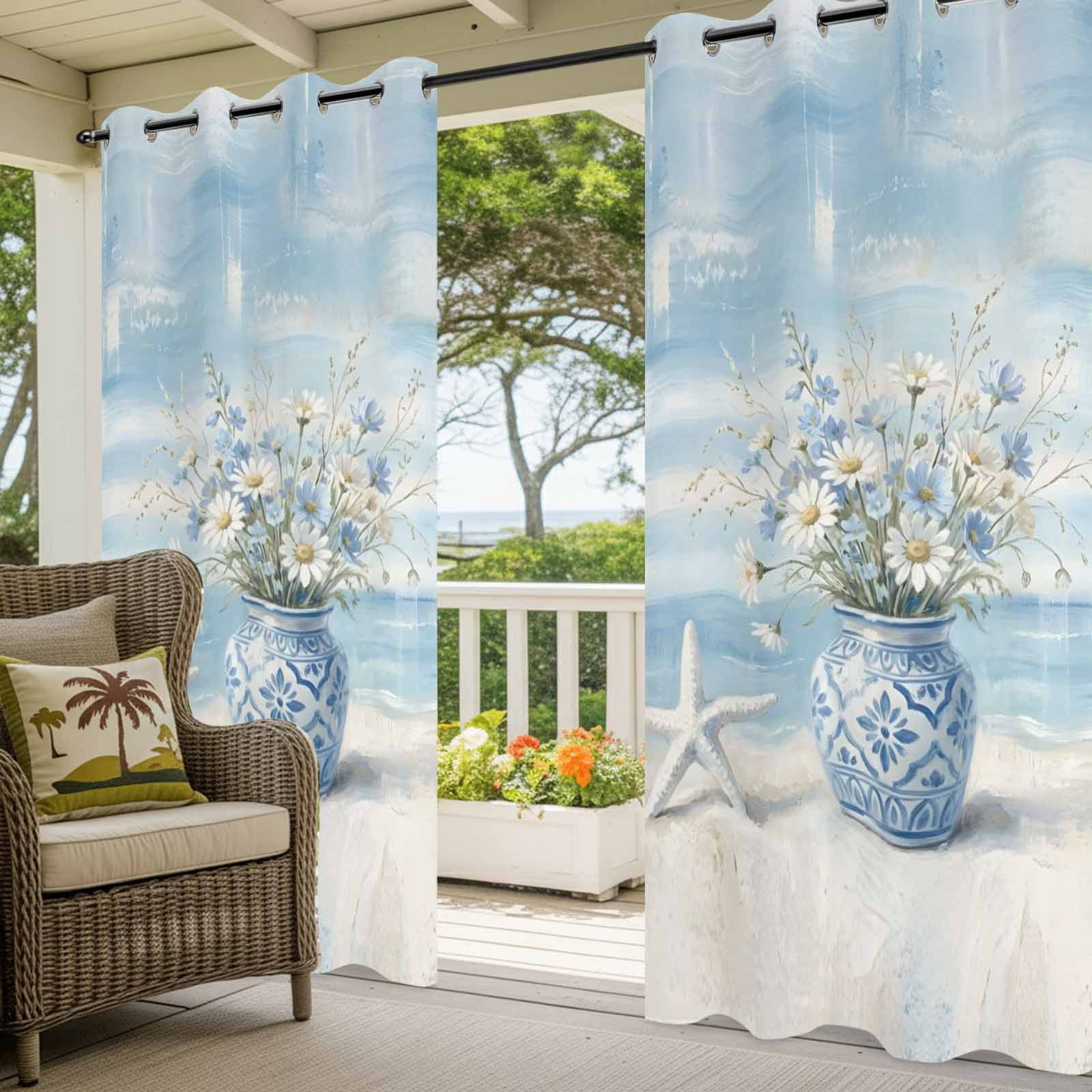 Summer Ocean Flower Outdoor Curtains for Patio, Country Nautical Sea Starfish Oil Painting Style Sunshade Privacy Drapes Grommet Waterproof Outside Curtains for Porch Balcony 54"x 108", 1 Panel