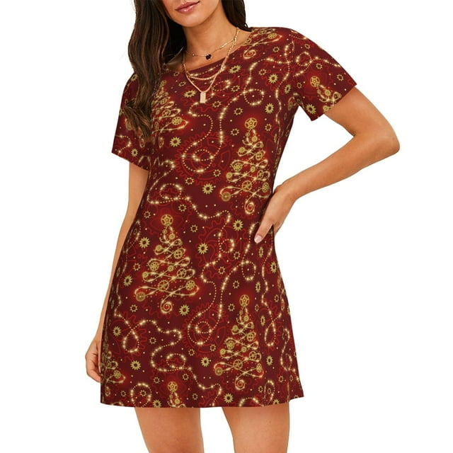 Gaeub Chemise de Nuit à Manches Courtes pour Femmes, Imprimé Arbre de Noël sur Fond Rouge, Pyjama Ample et Confortable, Robes de Nuit d'Été pour Femmes