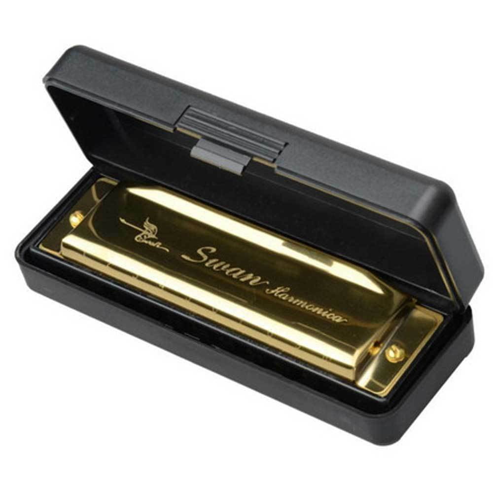 Swan Harmonica 10 Holes Key of C GOLDEN w/ Case Blues Harp Metal Steel
