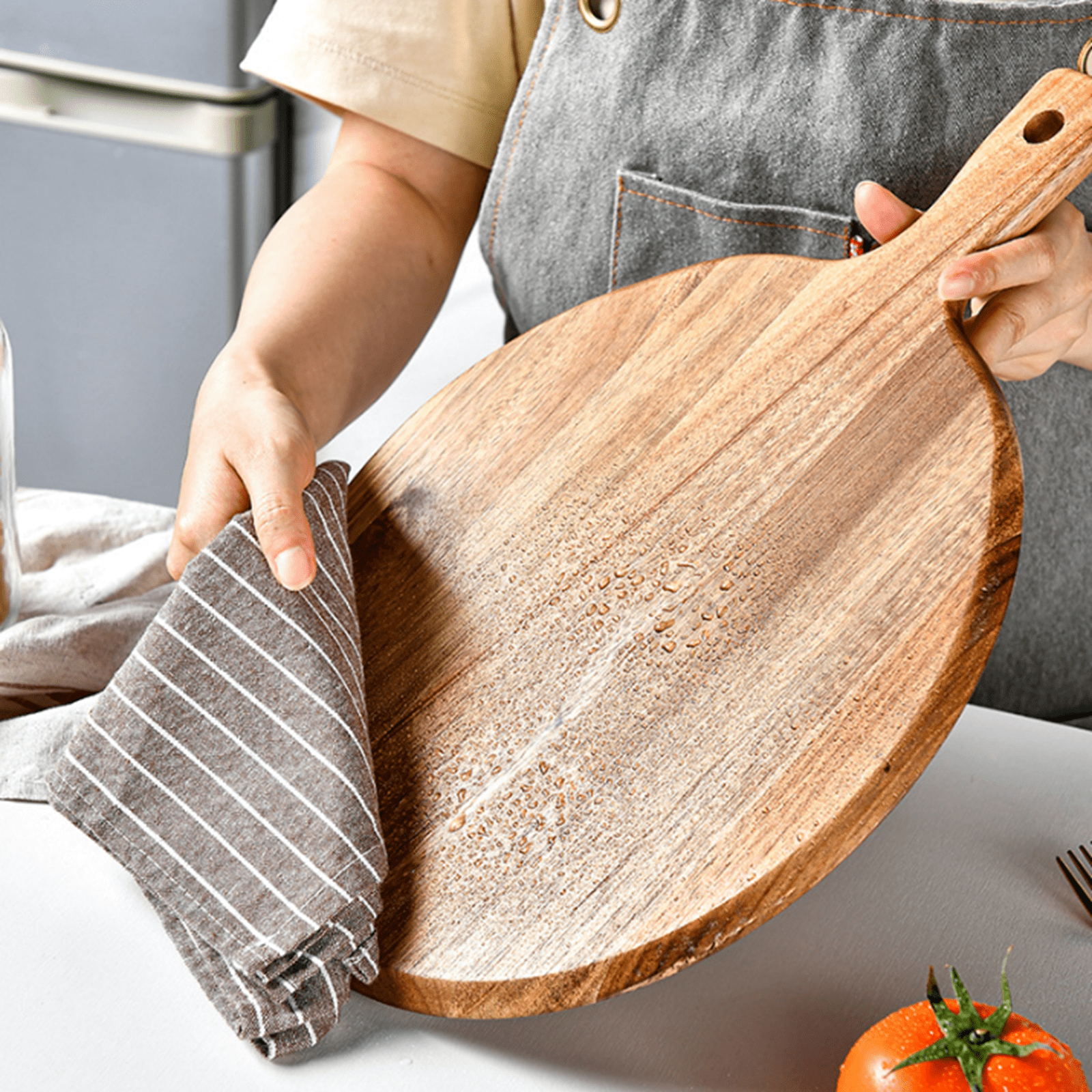Bxaolu Wood Cutting Board with Handle 12" Wooden Chopping Board Round Cutting Board for Kitchen Decor Large Charcuterie Board Tray Meat Cheese Board Bread Serving Platter Butcher Block Pizza Board