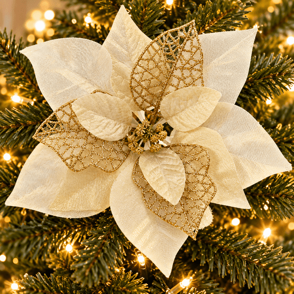 VEGCOO 20 Pcs Christmas Artificial Poinsettia Flowers, 8.46" Glitter Artificial Christmas Flowers with Stems & Clips, Gold Christmas Tree Ornaments for DIY Wreath Party New Year Decor