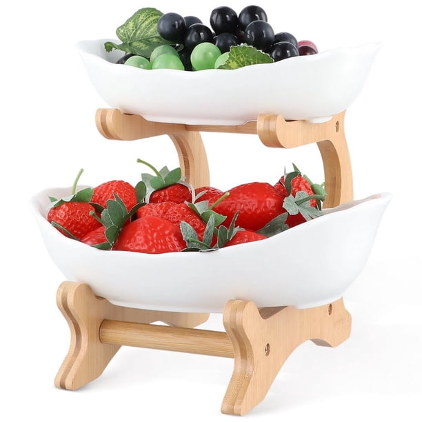 Frutero de cerámica de 2 niveles, cuenco de cerámica para servir con soporte de bambú, cuencos de cerámica ovalados con rejilla de bambú, bandeja decorativa de frutas para fiesta, boda, blanco