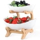 thumbnail image 1 of Frutero de cerámica de 2 niveles, cuenco de cerámica para servir con soporte de bambú, cuencos de cerámica ovalados con rejilla de bambú, bandeja decorativa de frutas para fiesta, boda, blanco, 1 of 5