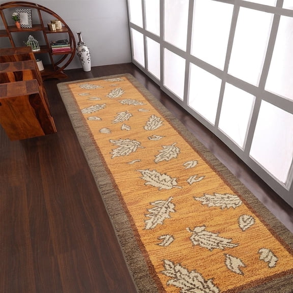 HAND KNOTTED WOOL FLORAL MODERN AREA RUGS - 2'6''x10', Runner Shape, Gold Brown Color, Classic Traditional Design, Low Pile Handmade Area Rugs for Living Room, Bed Room (N00922)