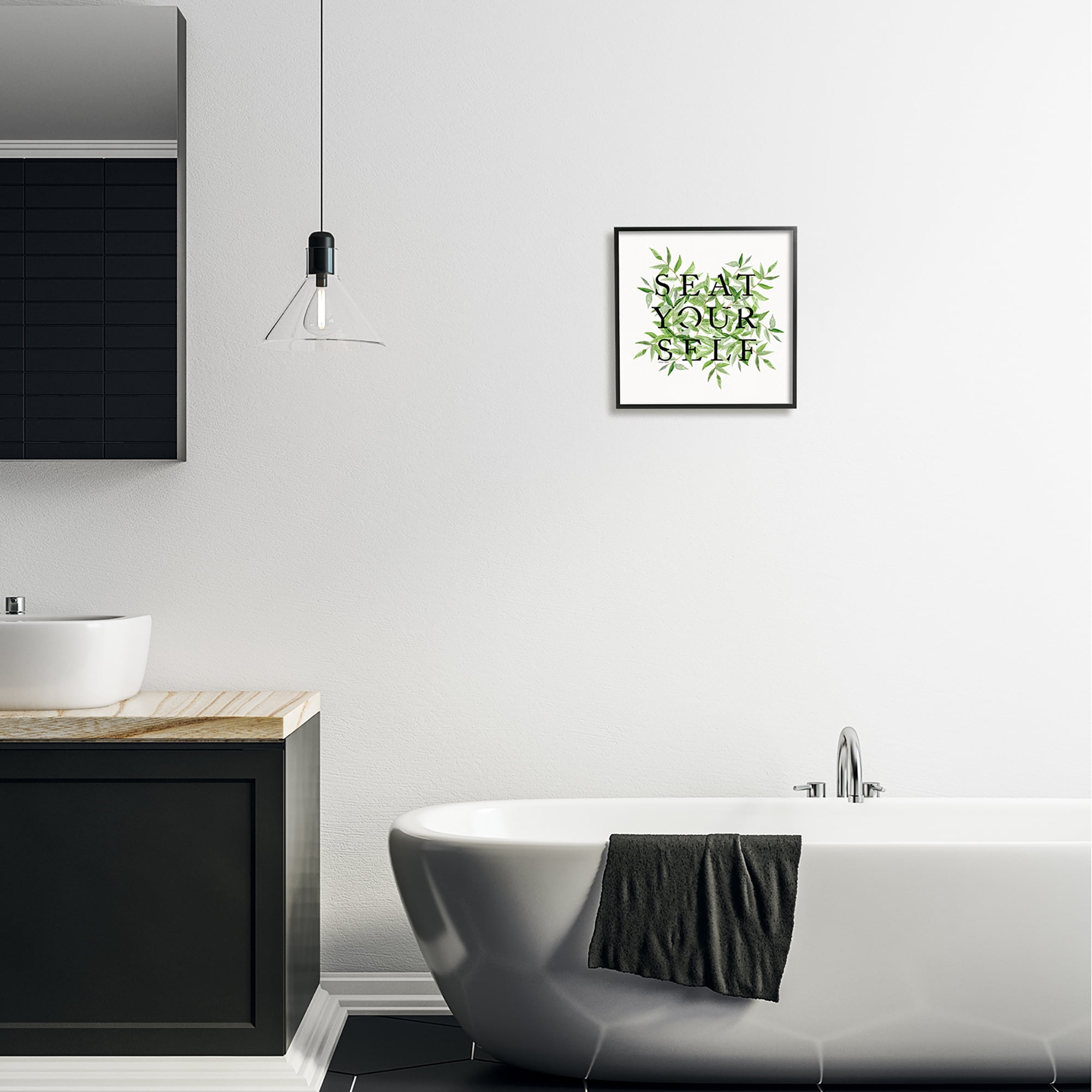 Stupell Seat Yourself Botanical Leaf Bathroom Typography Painting Black Framed Art Print Wall Art