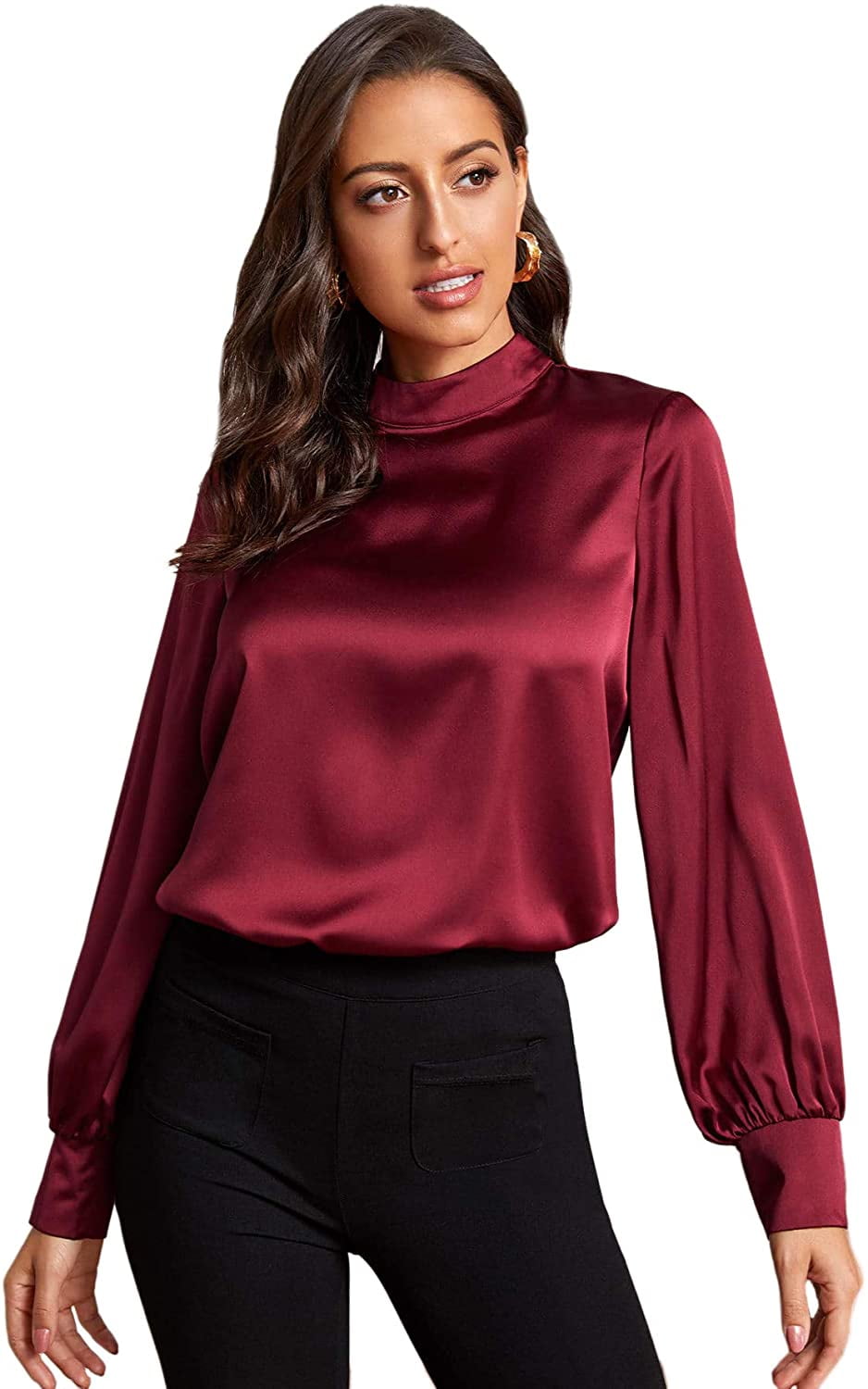 Mock Neck Long Sleeve Satin Blouse 