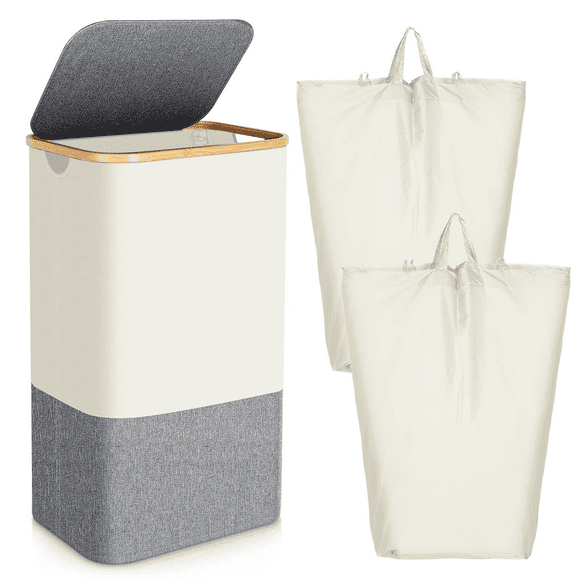 Laundry Basket with Lid and 2 Removable Liners, 110L Large Hampers for Laundry, Collapsible Laundry Baskets with Bamboo Handles Portable Dirty Clothes Hamper for Bathroom, Bedroom, Toys Storage