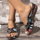 thumbnail image 2 of Bmisegm Ladies Summer Retro Colour Blocking Flowers Leather Hollow Breathable Slope with Thick Bottom Large Size Fish Mouth Sandals Slippers Sandals Women Summer Black 7.5, 2 of 6