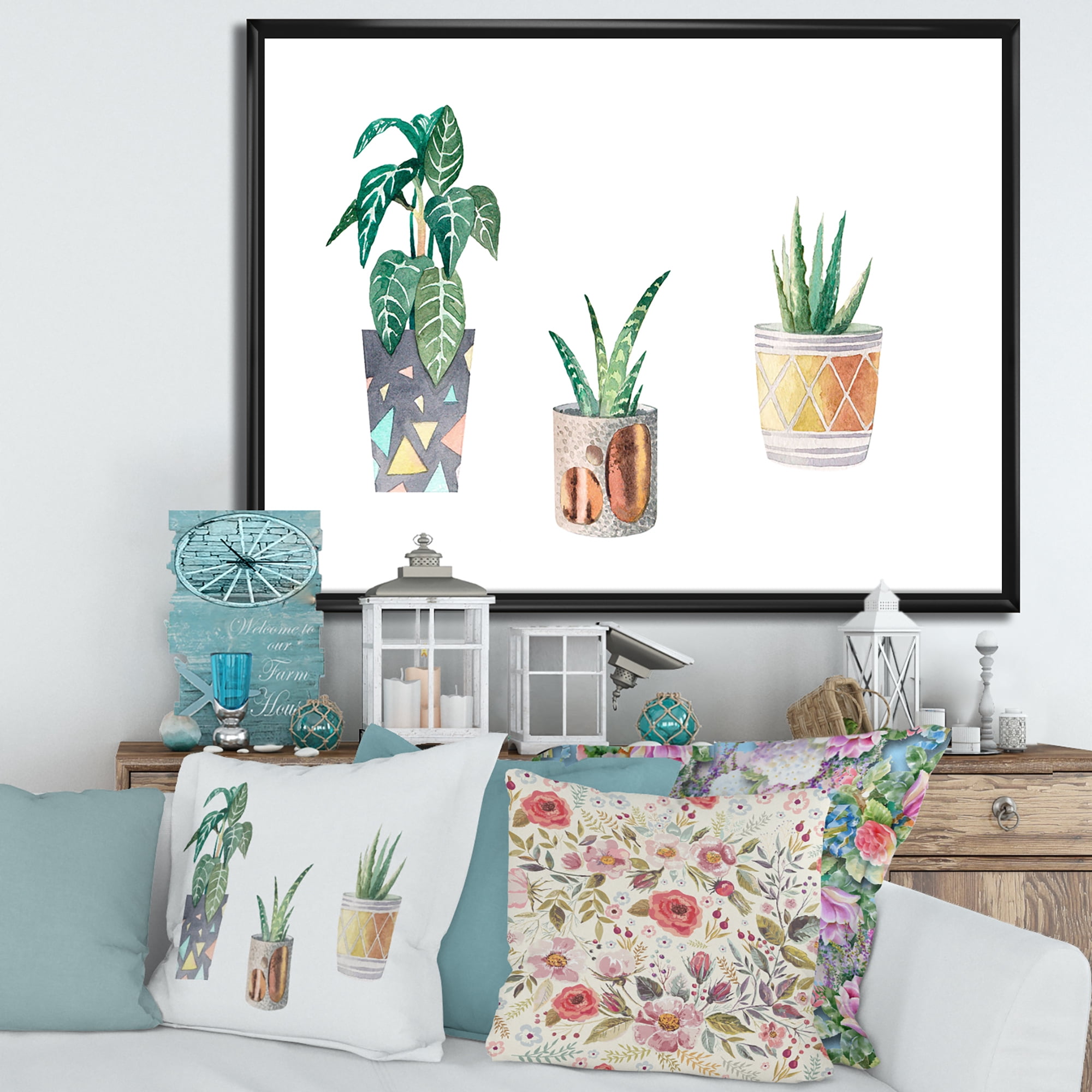 Designart 'Three Potted Houseplants On White' Traditional Framed Canvas Wall Art Print